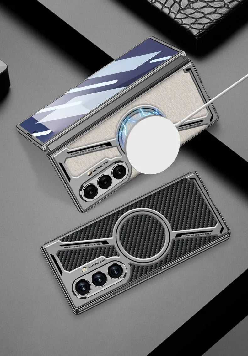 Electroplating Magnetic Wireless Charging Phone Case for Samsung Galaxy Z Fold 7 Zfold 6 Z Shaped Plain Leather Thin Hard Cover