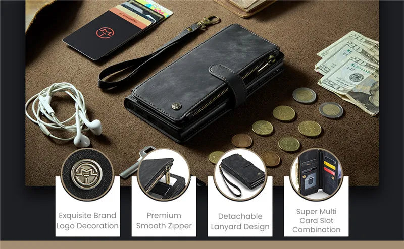 Luxury Lanyard Leather Zipper Wallet Card Phone Case For Samsung Galaxy Z Fold 7 6 5 4 Fold6 Fold5 Fold4 Purse Flip Stand Cover