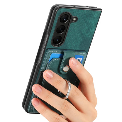Z Fold 7 Retro Pu Leather Phone Case for Samsung Galaxy Z Fold 6 5 4 3 Magnetic Hardware Ring&buckle Card Slot Bag Bracket Cover