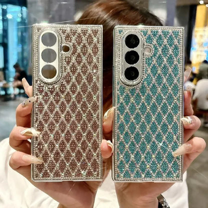 Glitter Bling Plaid Diamond Phone Case For Samsung Galaxy Z Fold 7 Fold6 ZFold 5 4 Luxury Rhinestone High-end Plating Hard Cover