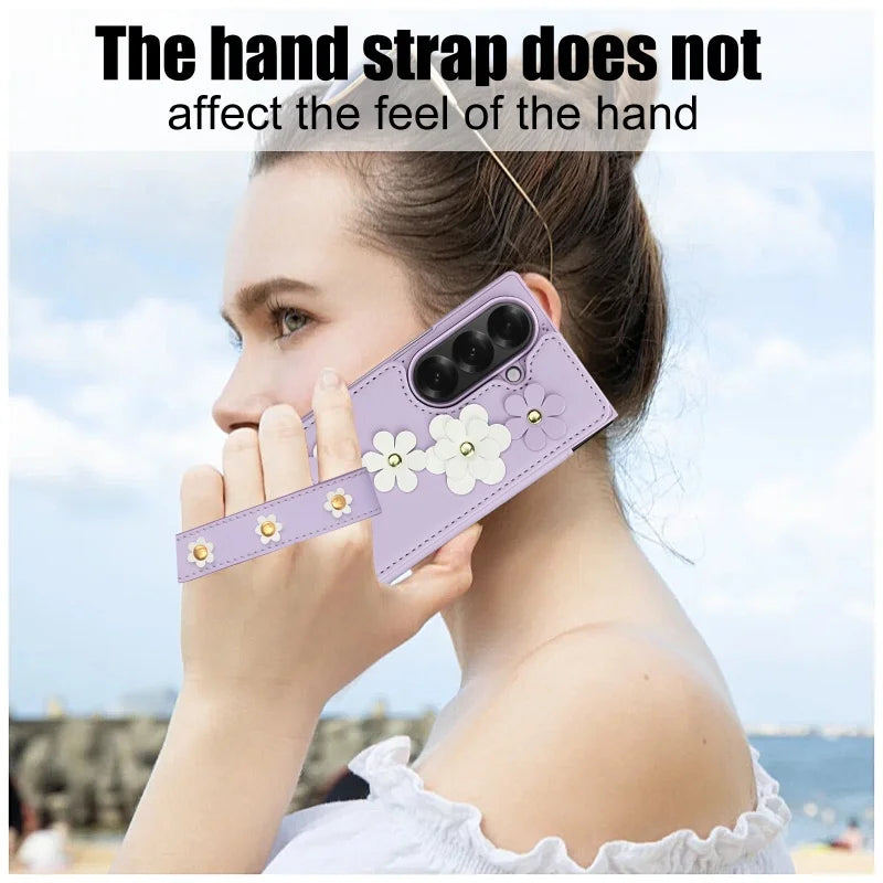 Long Lanyard Leather Wallet Card Slot Phone Case for Samsung Galaxy Z Fold 7 6 5 4 Wrist Strap Flip Purse Holder Cover Back Bag