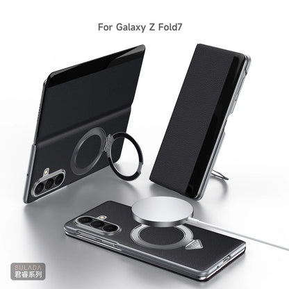 Genuine Cowhide Leather Phone Case for Samsung Galaxy Z Fold 7 Fold7 Wireless Charging Magnetic Attraction Bracket Flip Cover