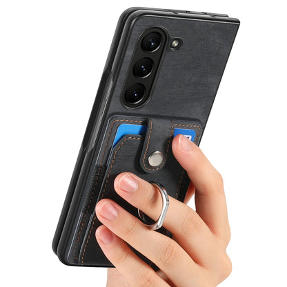 Z Fold 7 Retro Pu Leather Phone Case for Samsung Galaxy Z Fold 6 5 4 3 Magnetic Hardware Ring&buckle Card Slot Bag Bracket Cover