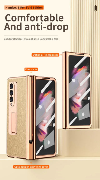 Coque With S Pen Plating Leather Case For Samsung Galaxy Z Fold 7 6 5 4 360 Full Protection Tempered Glass Kickstand Phone Cover