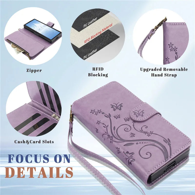 Lanyard Leather Zipper Wallet Multi Card Phone Case for Samsung Galaxy Z Fold 7 6 5 4 3 Fold6 Fold5 Fold4 Fold3 Flip Stand Cover