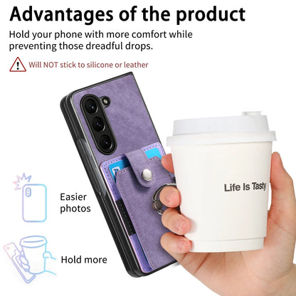 Z Fold 7 Retro Pu Leather Phone Case for Samsung Galaxy Z Fold 6 5 4 3 Magnetic Hardware Ring&buckle Card Slot Bag Bracket Cover