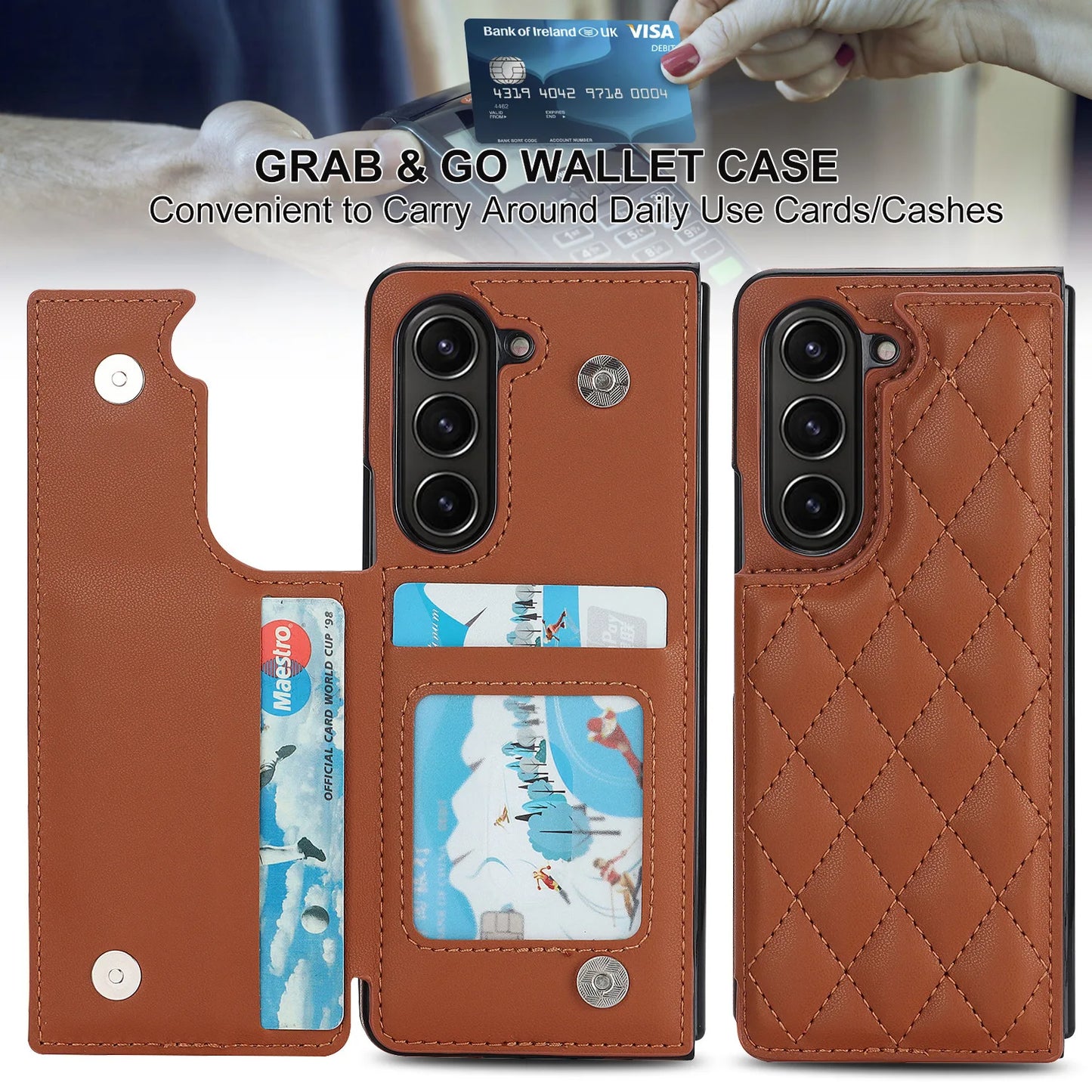 Fold7 Double Button Card Holder Wallet Phone Case for Samsung Galaxy Z Fold 7 6 5 4 3 Diamond Grid Texture Flip Pu Leather Cover
