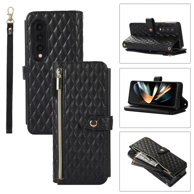 Luxury Lanyard Leather Flip Stand Phone Case for Samsung Galaxy Z Fold 7 6 5 4 3 Fold6 Fold5 Fold3 Fold4 Zip Wallet Card Cover