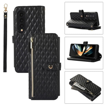 Luxury Lanyard Leather Flip Stand Phone Case for Samsung Galaxy Z Fold 7 6 5 4 3 Fold6 Fold5 Fold3 Fold4 Zip Wallet Card Cover